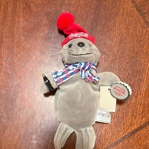 1999 Coca Cola Gray Seal Plush with Red Hat and Blue Scarf